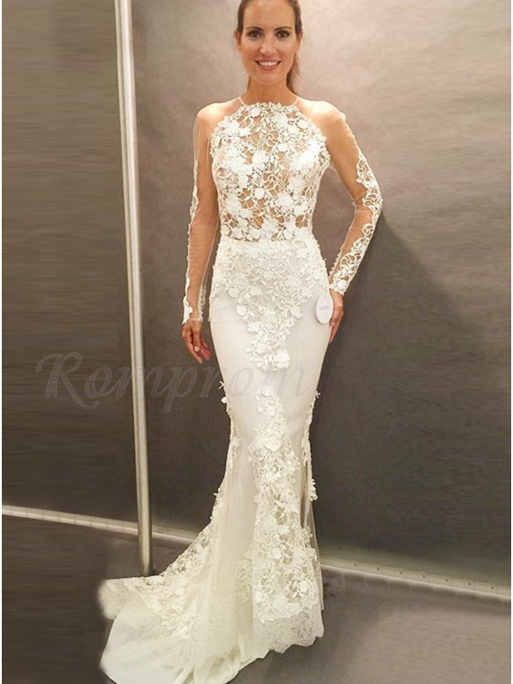 Mermaid Round Long Sleeves Open Back Wedding Dress With Appliques