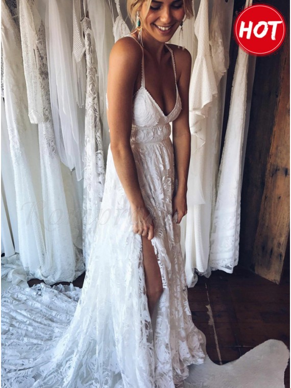 A Line Spaghetti Straps Backless Court Train Lace Beach Wedding