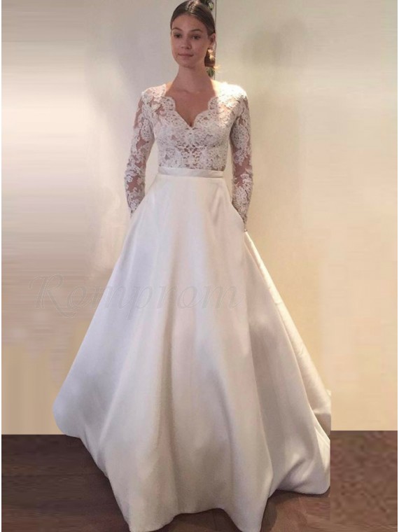 A Line Scalloped Edge Long Sleeves Satin Wedding Dress With Pockets