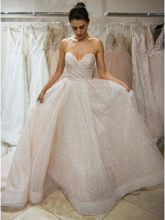 A Line Sweetheart Court Train Light Champagne Sequined Wedding Dress
