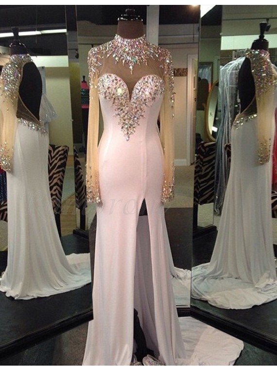 White High Neck Long Sleeves Split Open Back Sheath Prom Dress With