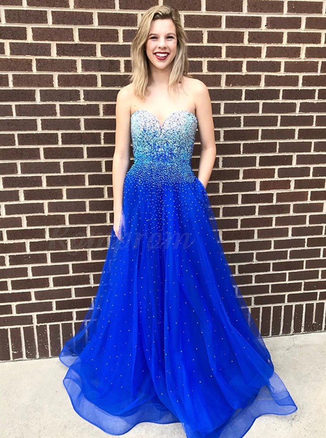 A-Line Sweetheart Floor-Length Royal Blue Prom Dress with Beading