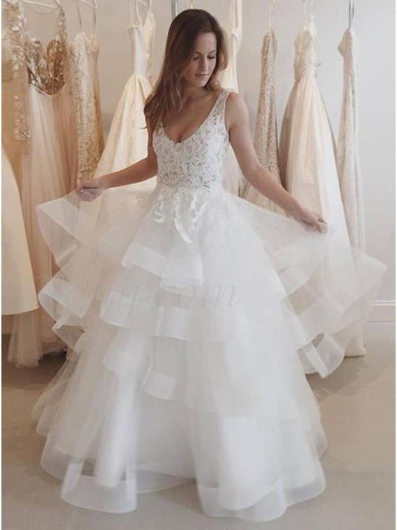 A-Line Scoop Floor Length Backless Tiered Wedding Dress with Lace