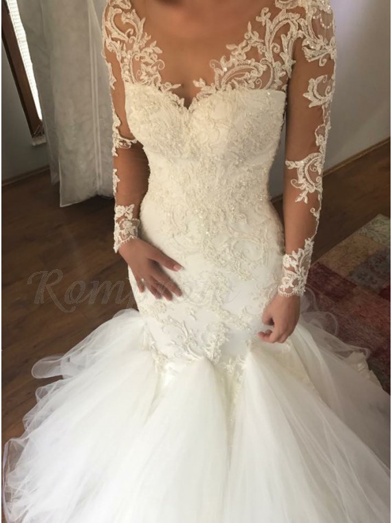 Mermaid Scoop Long Sleeves Court Train Wedding Dress With Appliques Beading