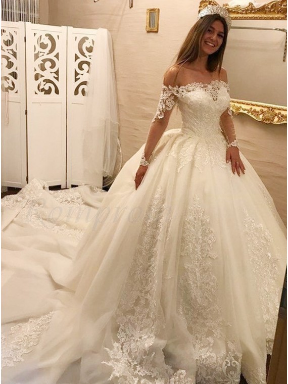 Ball Gown Off The Shoulder Long Sleeves Court Train White Wedding Dress With Appliques 289 99 Only Romprom Com