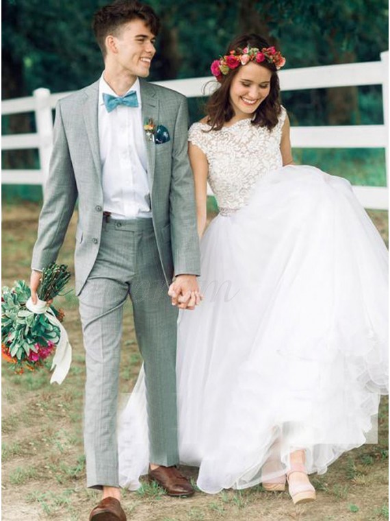 A-line Bateau Cap Sleeves Backless Wedding Dress with Lace Beading