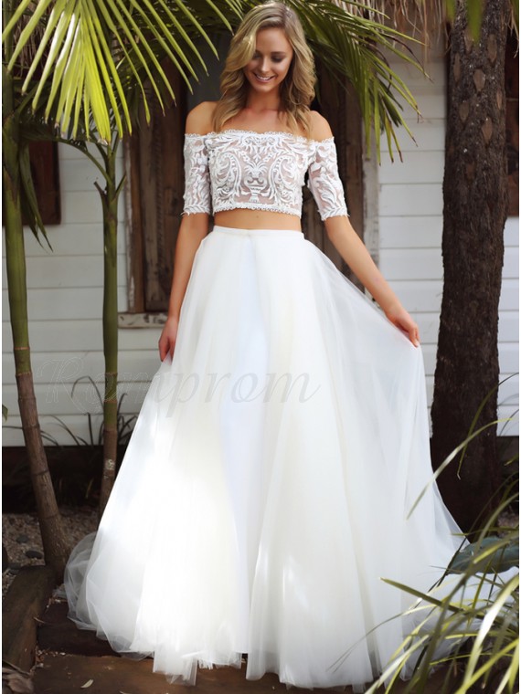 Two Piece Off The Shoulder Half Sleeves Beach Wedding Dress With Lace