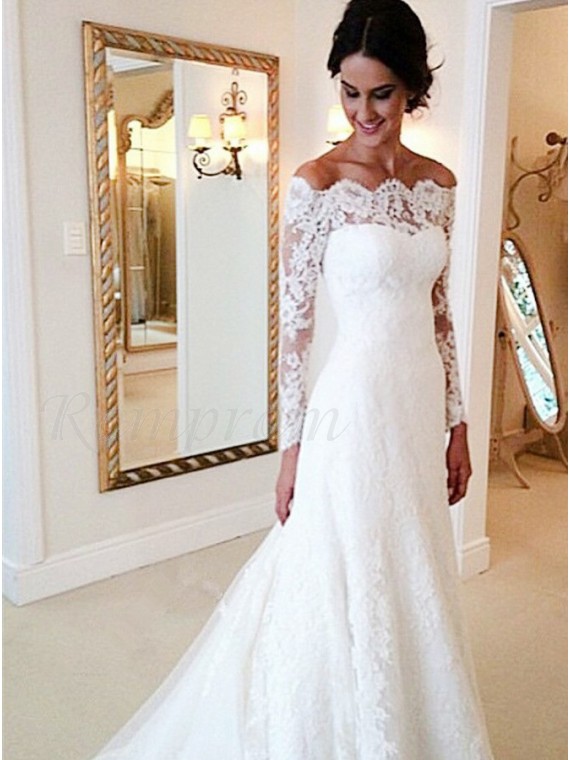 Sheath Off-the-Shoulder Court Train Decent Lace Wedding Dress