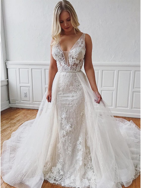 v neck mermaid wedding dress