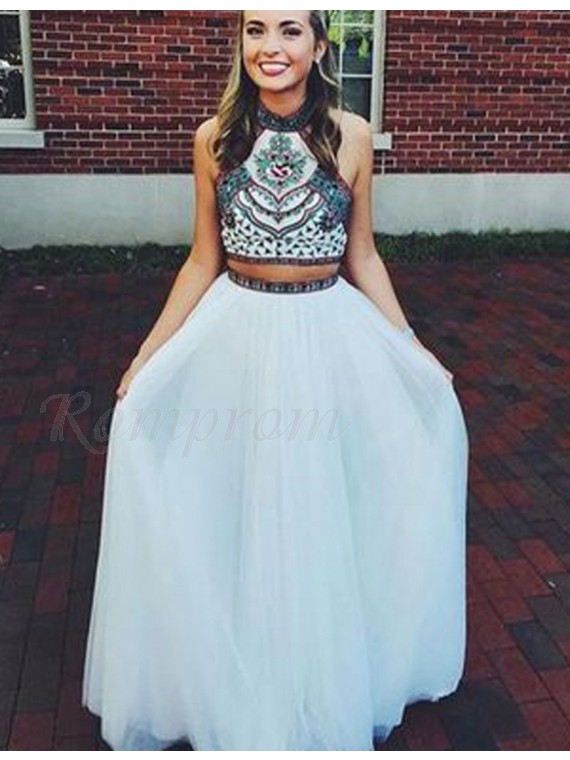 Two Piece A-Line Halter Open Back Long White Prom Dress with Embroidery