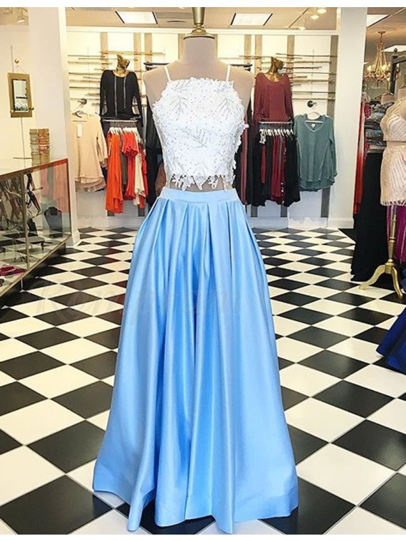 two piece baby blue prom dress