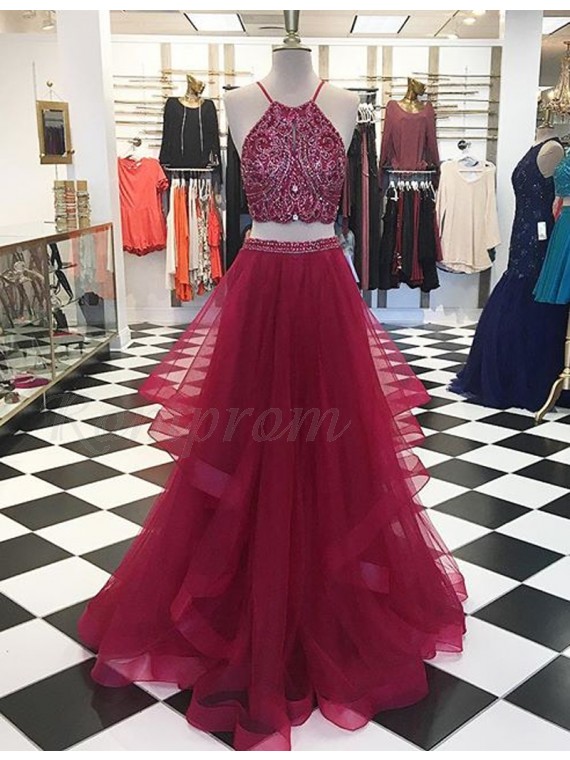 maroon 2 piece prom dress