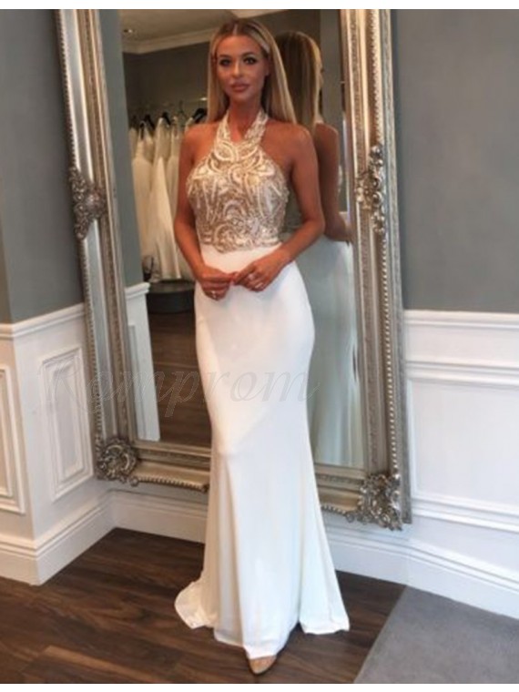 Mermaid Halter Backless Floor-Length White Elastic Satin Prom Dress with Beading Sequins