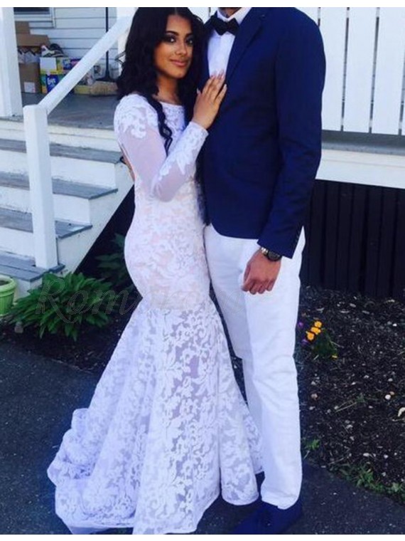 Mermaid Bateau Long Sleeves Backless White Lace Prom Dress