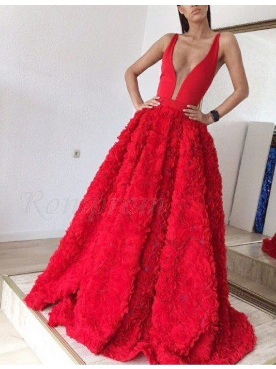 red flower prom dress