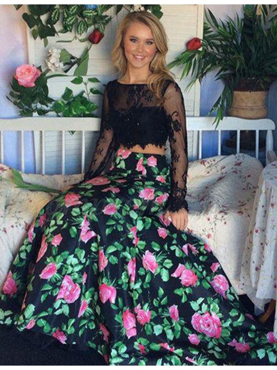 floral long sleeve prom dress