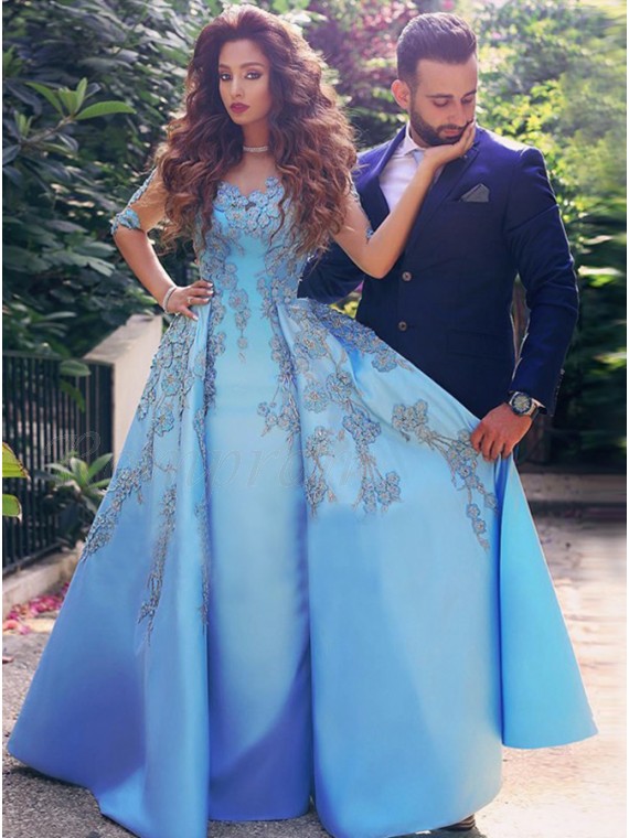 A-Line Round Neck Half Sleeves Blue Satin Prom Dress with Appliques ...