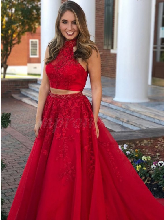 red prom dress high neck