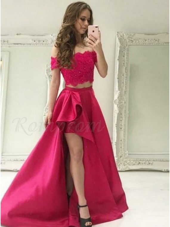 High Low Two Piece Off-the-Shoulder Split Long Prom Dress with Pockets