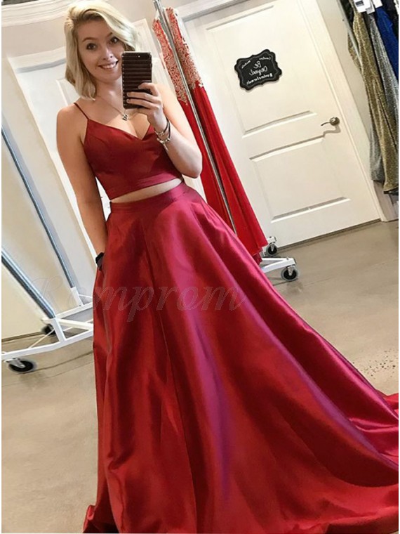 Two Piece Spaghetti Straps Red Plus Size Prom Dress with Pockets - $99. ...