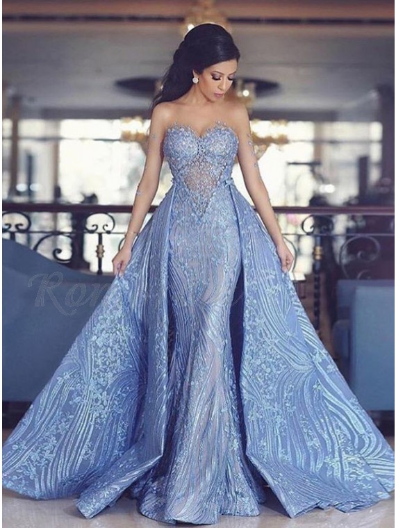 Mermaid Sweetheart Detachable Train Blue Prom Dress with Appliques