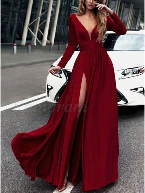 maroon prom dress with sleeves