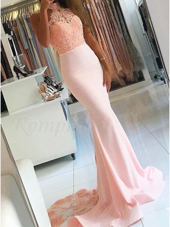 Mermaid High Neck Sweep Train Beaded Pearl Pink Prom Dress with Lace