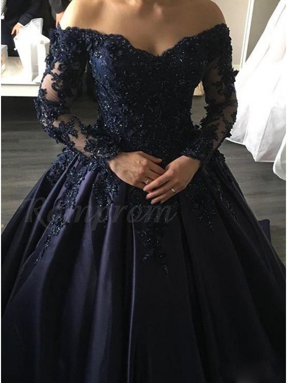 navy blue long sleeve evening gown