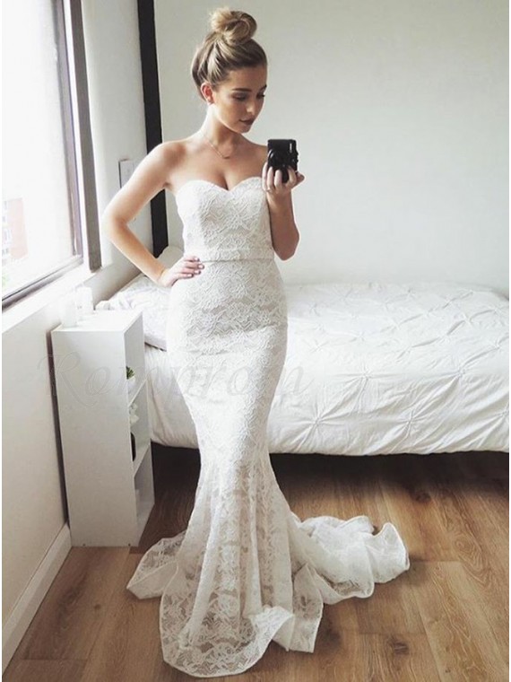 Mermaid Sweetheart Sweep Train White Lace Prom Dress with Sash