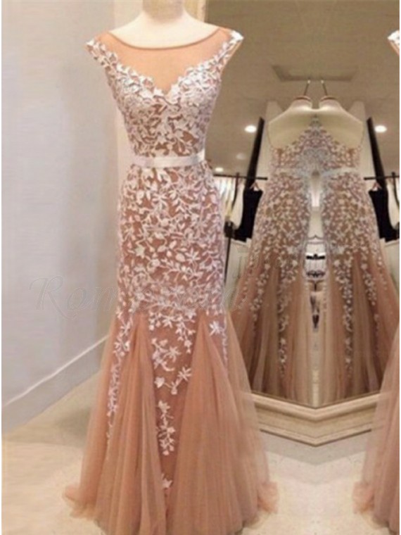 Mermaid Bateau Backless Sweep Train Champagne Prom Dress with Appliques ...