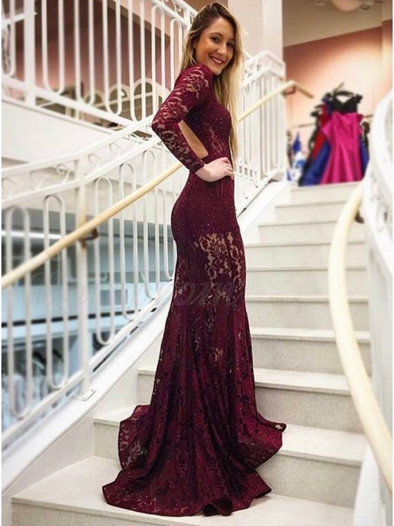 Mermaid High Neck Backless Long Sleeves Burgundy Lace Prom Dress with Pockets