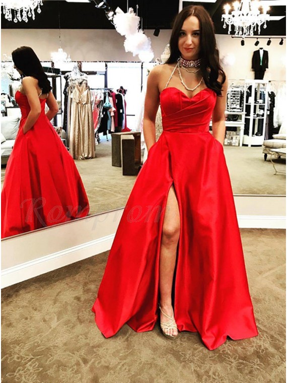 A-Line Sweetheart Floor-Length Red Split Prom Dress with Pockets Ruched ...
