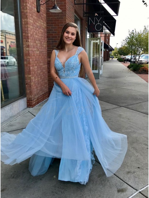 light blue beaded prom dress