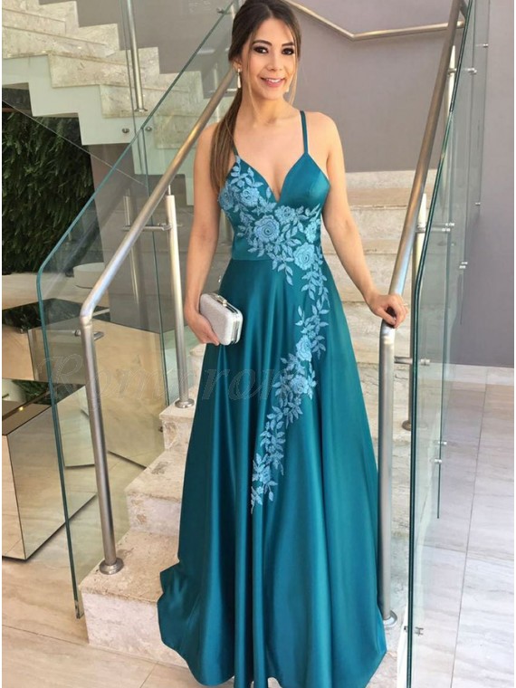 A-Line Spaghetti Straps Backless Blue Prom Dress with Appliques - $128. ...