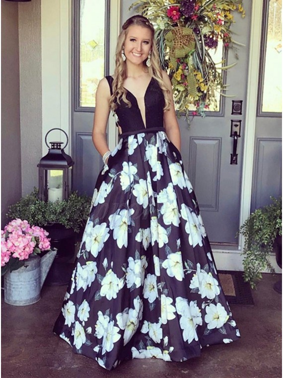 blue and white flower prom dress