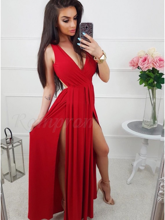 floor length red dress with split