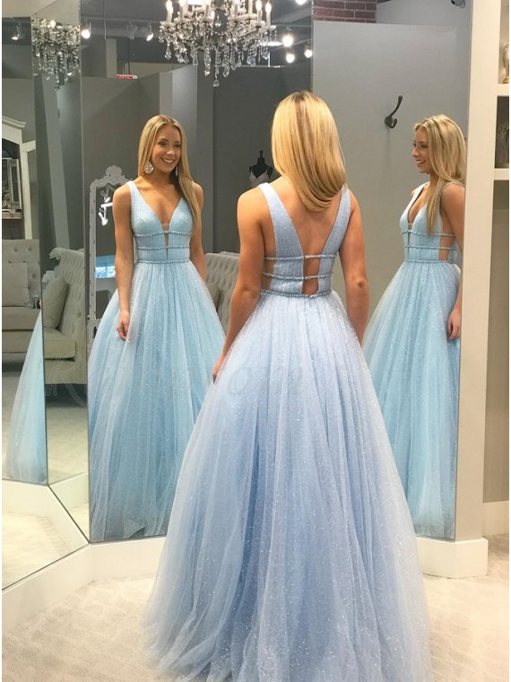 light blue beaded prom dress