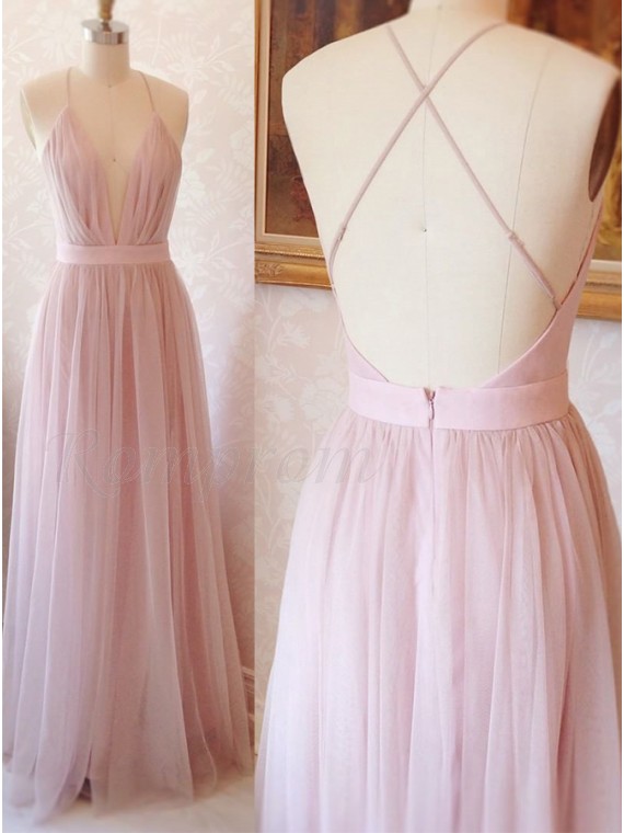 Spaghetti Straps Pink Prom Dress Sleeveless Simple Long Party Dress