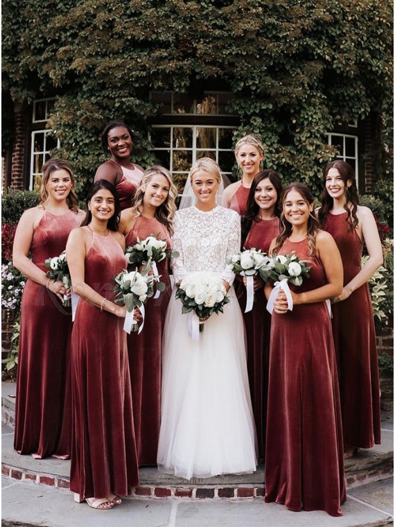 Sheath Jewel Sleeveless Long Bridesmaid Dress