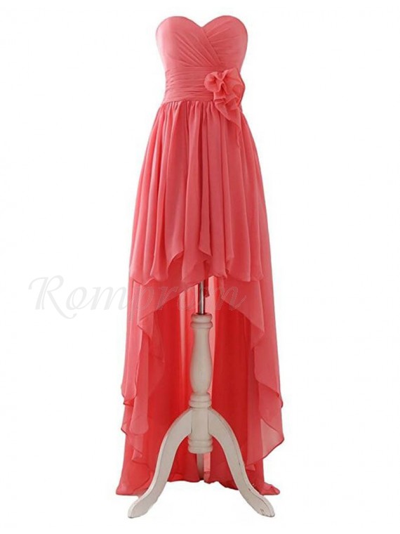 High Low Sweetheart Ruched Coral Bridesmaid Dress with Flower