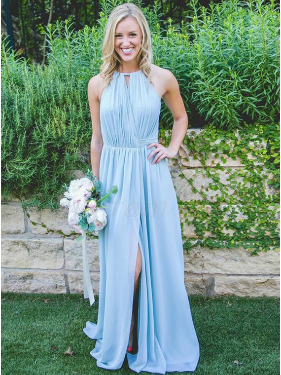 A-Line Halter Slit Leg Light Blue Chiffon Bridesmaid Dress with Pleats