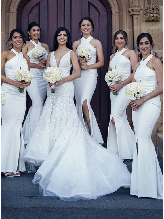 Mermaid Halter Sleeveless Long White Bridesmaid Dress with Split