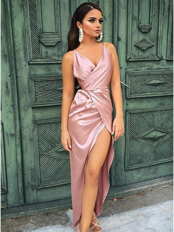 Sexy Tea Length Spaghetti Straps Pink Sheath Prom Dress with Split