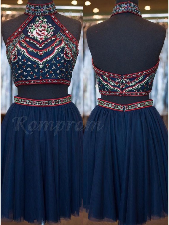  Two Piece High Neck Short Navy Blue Backless Homecoming Dress with Embroidery