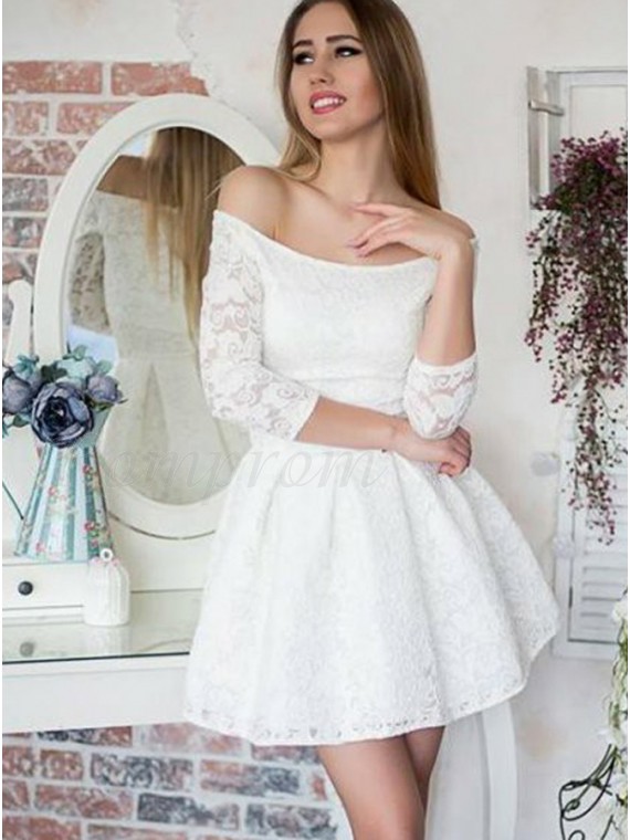 A-Line Off-the-Shoulder 3/4 Sleeves White Lace Homecoming Dress - $93. ...