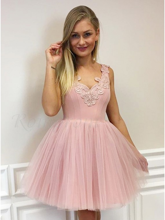 A-Line V-Neck Short Blush Tulle Homecoming Dress with Appliques - $103. ...