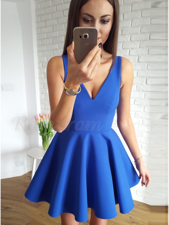A Line V Neck Short Royal Blue Homecoming Dress With Ruched