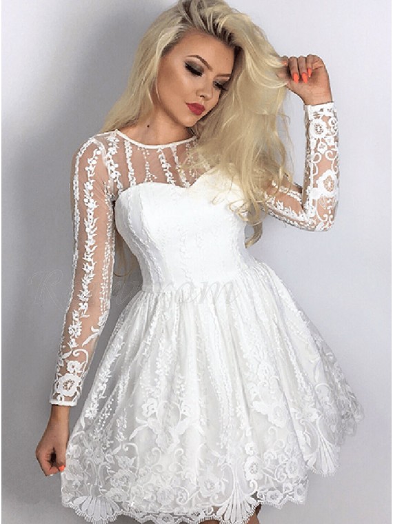 white lace short dress long sleeve