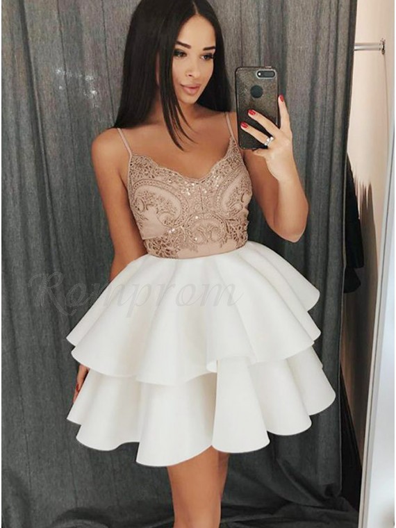 A-Line Spaghetti Straps Short White Tiered Homecoming Dress with ...
