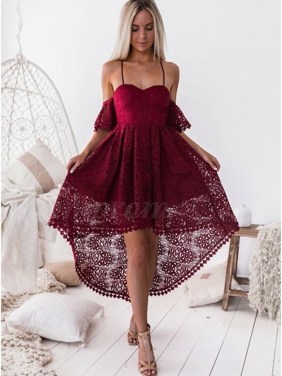 burgundy lace high low dress